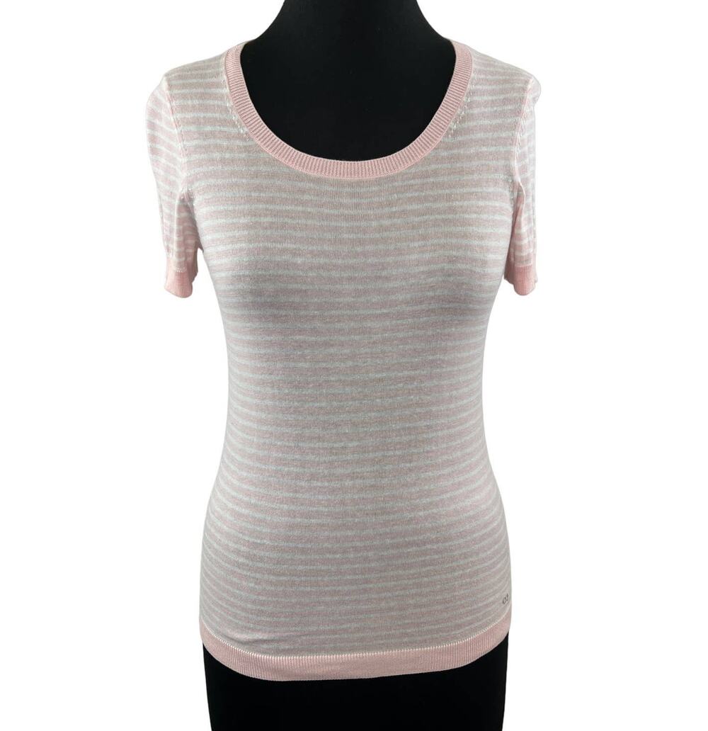 ESCADA Sport Light Pastel Pink / White Stripe Short Sleeve Sweater Scoop Neck S
